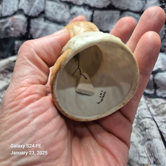 Vintage Ceramic Owl Bell Green Bow 3 Inch Brown Feathers Collectible EUC - Picture 3 of 3